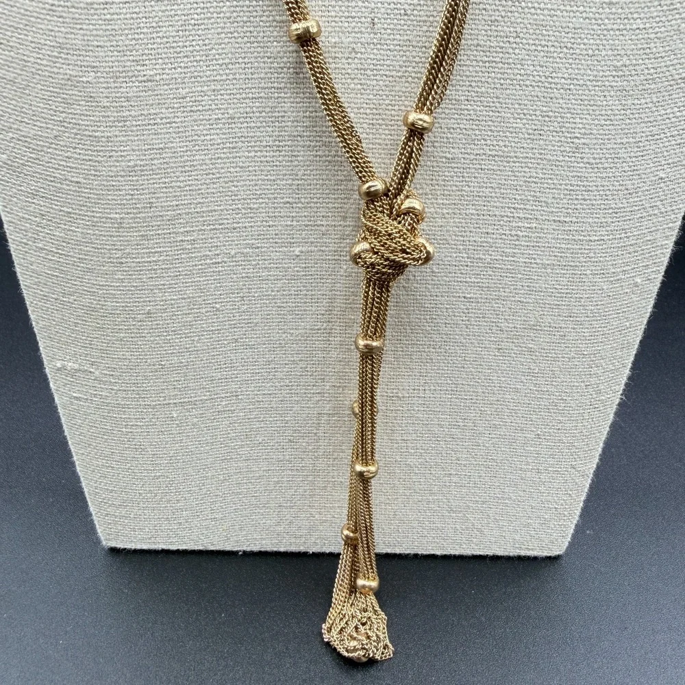 Gold Tone Multi Strand Mesh Chain Lariat Knot Tassel Necklace Statement Boho